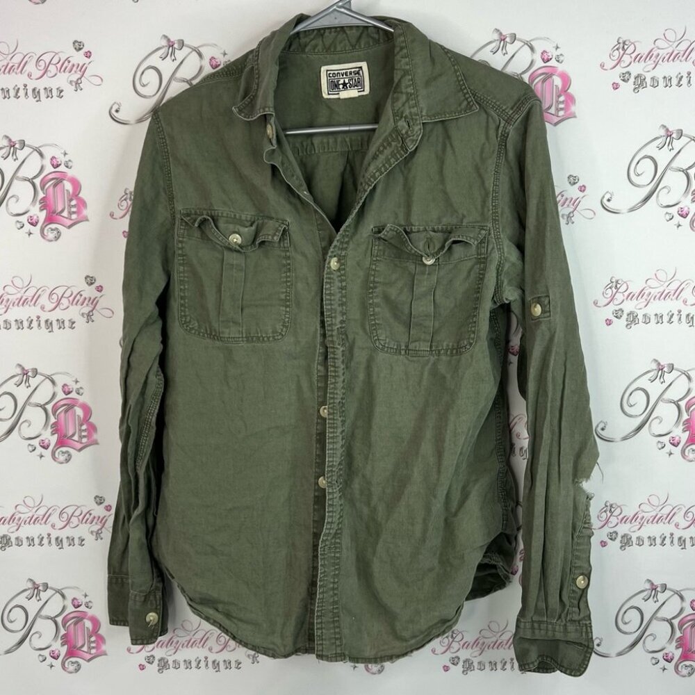 Converse button down shirt green military cargo style One Star Green Fabric